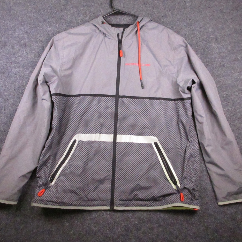 Porsche Driver's Selection Jacket Mens Large Gray Hooded Windbreaker Full Zip